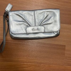 Coach Ashley Large Silver Metallic Wristlet Clutch Purse